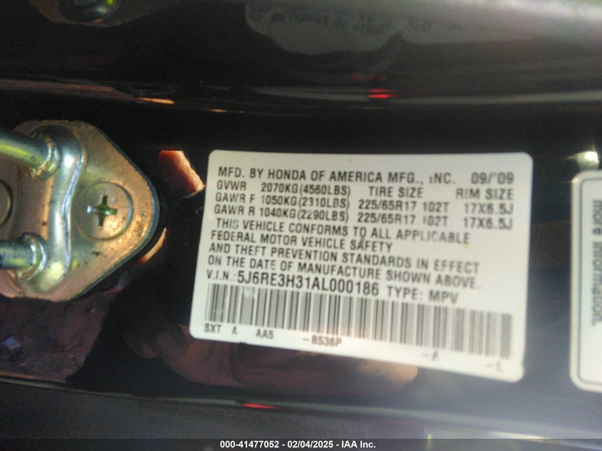 2010 HONDA CR-V VIN: 5J6RE3H31AL000186