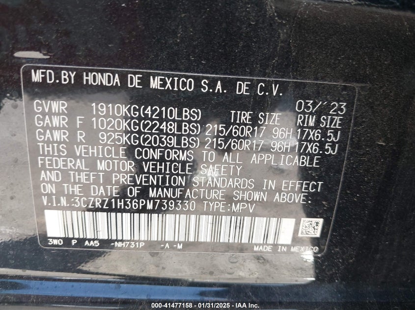 2023 HONDA HR-V VIN: 3CZRZ1H36PM739330