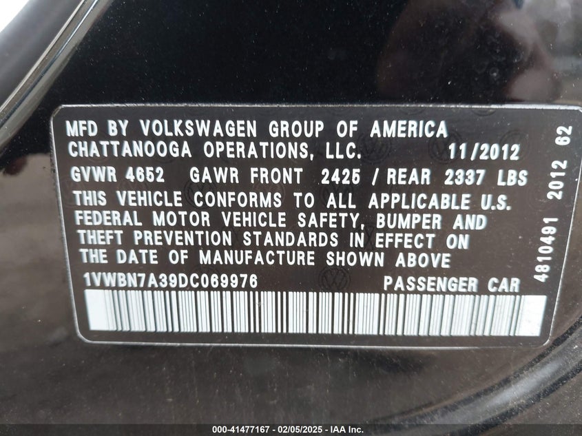2013 VOLKSWAGEN PASSAT VIN: 1VWBN7A39DC069976