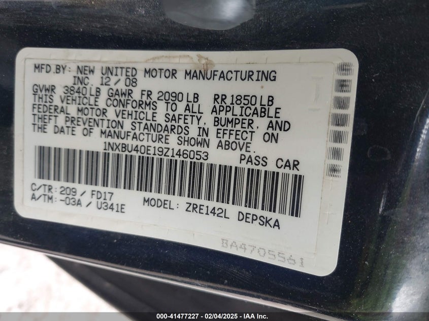 2009 TOYOTA COROLLA VIN: 1NXBU40E19Z146053