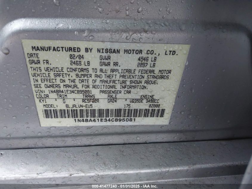 2004 Nissan Maxima 3.5 Sl VIN: 1N4BA41E34C895081 Lot: 41477240