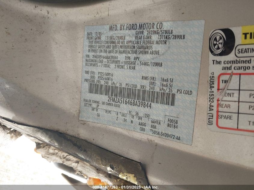 2006 Ford Windstar VIN: 2FMZA5164BA39844 Lot: 41477263