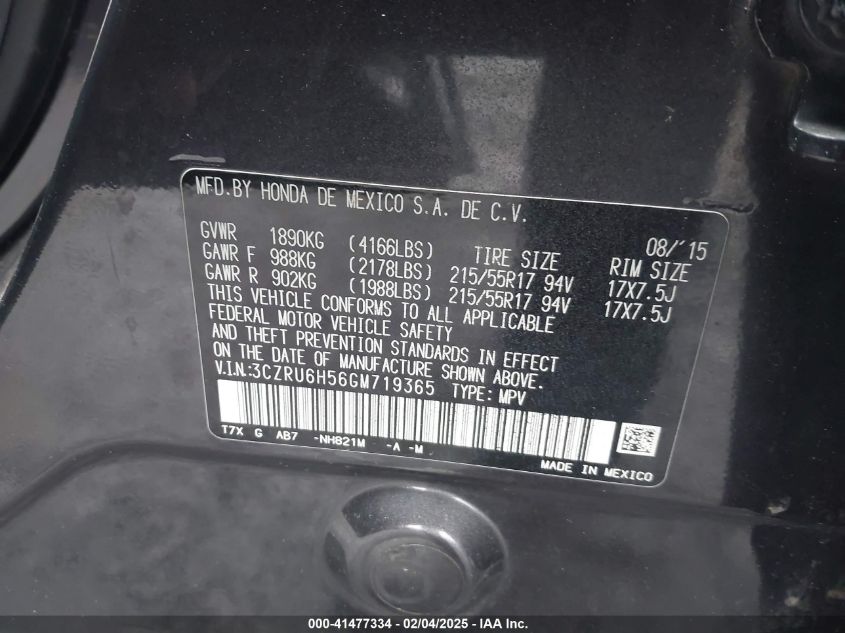 2016 Honda Hr-V Lx VIN: 3CZRU5H36GM7L9365 Lot: 41477334