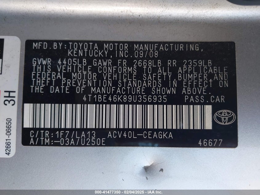 2009 TOYOTA CAMRY VIN: 4T1BE46K89U356935