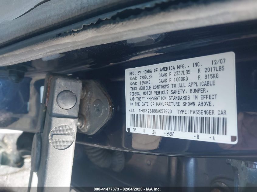 2008 Honda Accord 2.4 Lx-P VIN: 1HGCP26488A057620 Lot: 41477373