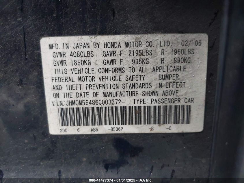 2006 Honda Accord 2.4 Lx VIN: JHMCM56486C003372 Lot: 41477374