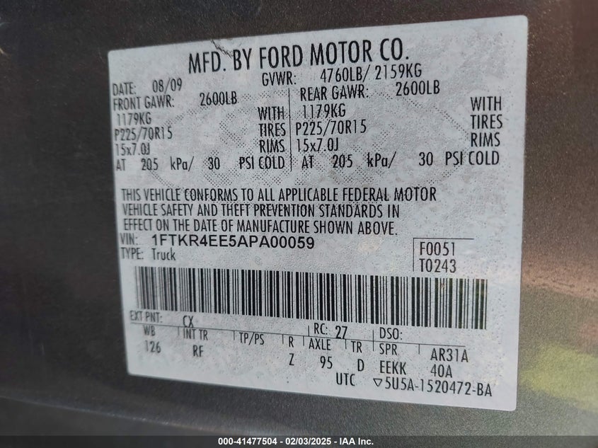 2010 FORD RANGER VIN: 1FTKR4EE5APA00059