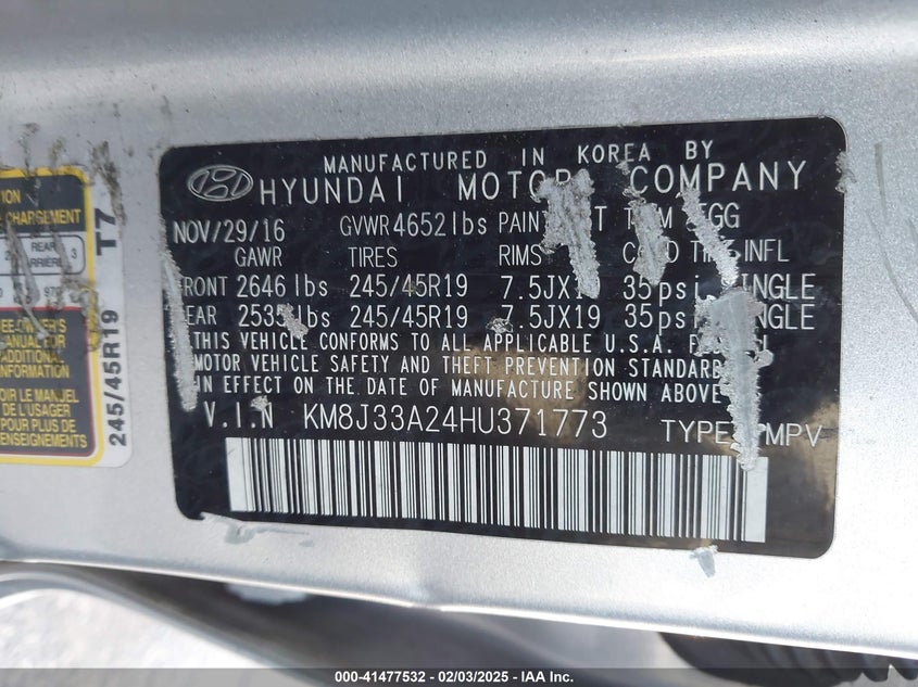 2017 HYUNDAI TUCSON VIN: KM8J33A24HU371773