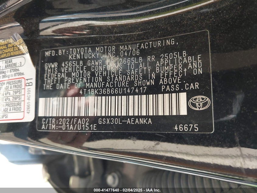 2006 TOYOTA AVALON VIN: 4T1BK36B66U147417