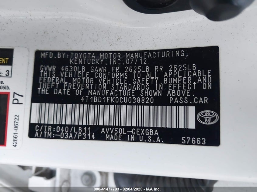 2012 TOYOTA CAMRY HYBRID VIN: 4T1BD1FK0CU038820