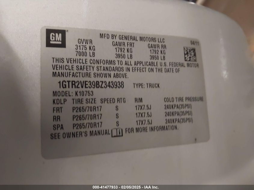 2011 GMC Sierra 1500 Sle VIN: 1GTR2VE39BZ343938 Lot: 41477933