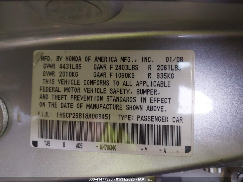 2008 HONDA ACCORD VIN: 1HGCP26818A069451