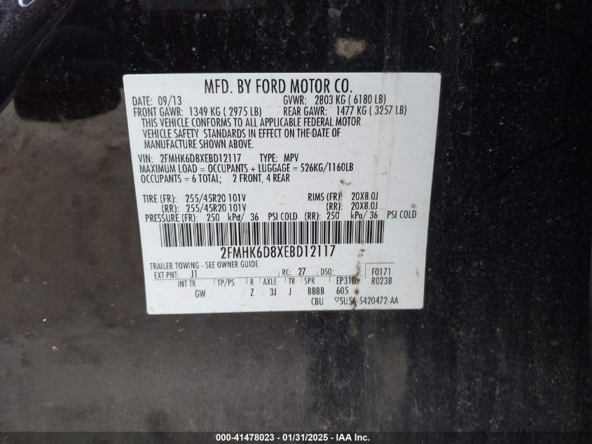 2014 Ford Flex Limited VIN: 2FMHK6D8XEBD12117 Lot: 41478023