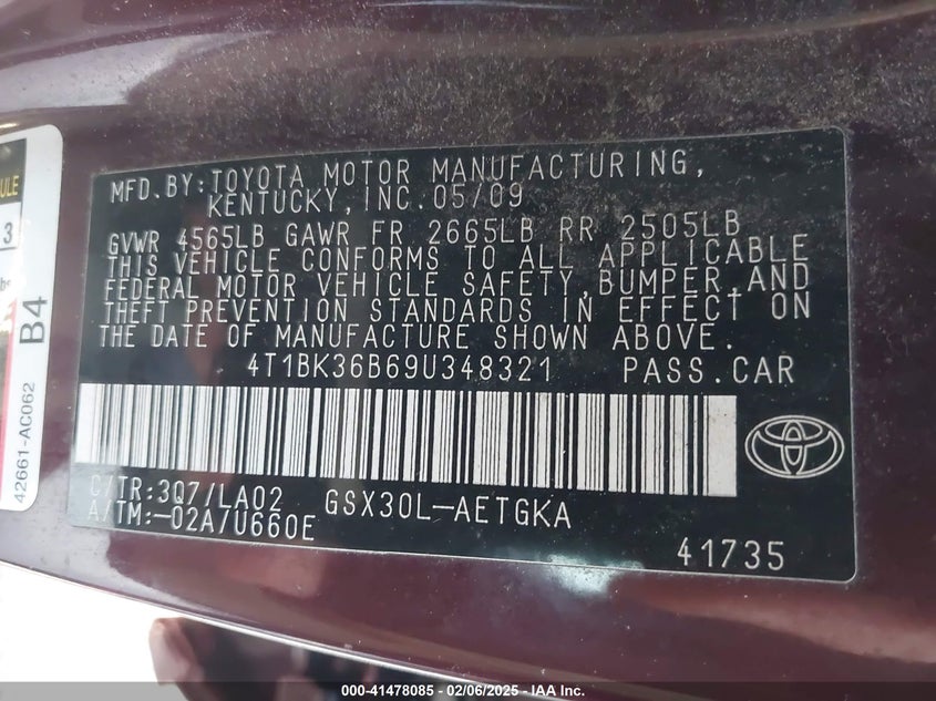 2009 TOYOTA AVALON VIN: 4T1BK36B69U348321