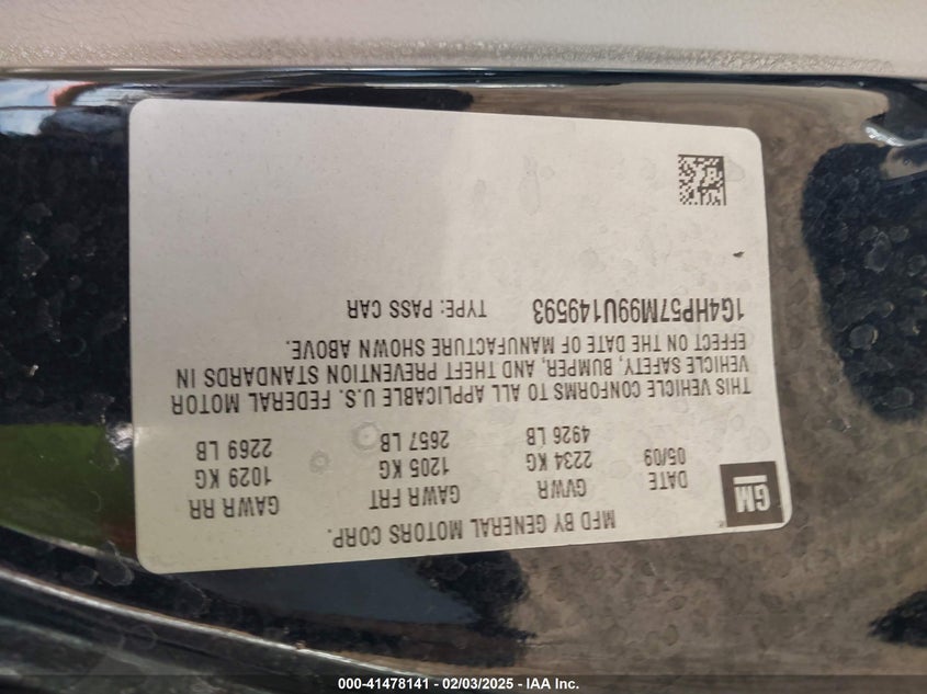 2009 BUICK LUCERNE VIN: 1G4HP57M99U149593
