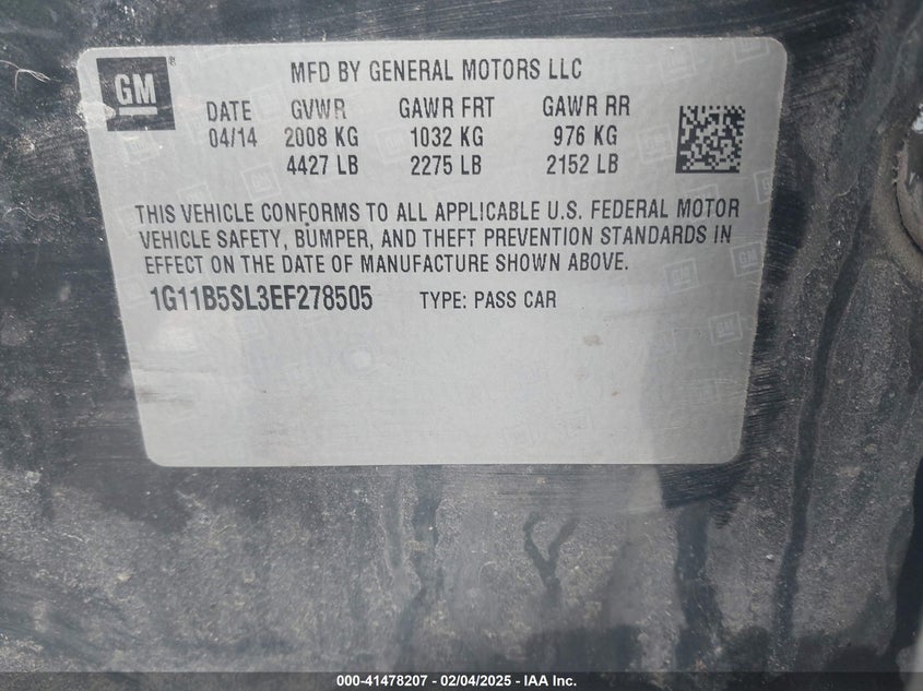 2014 CHEVROLET MALIBU VIN: 1G11B5SL3EF278505