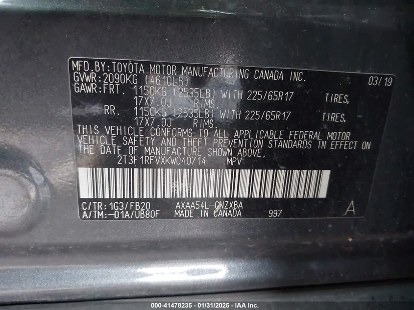 2019 TOYOTA RAV4 LE - 2T3F1RFVXKW040714