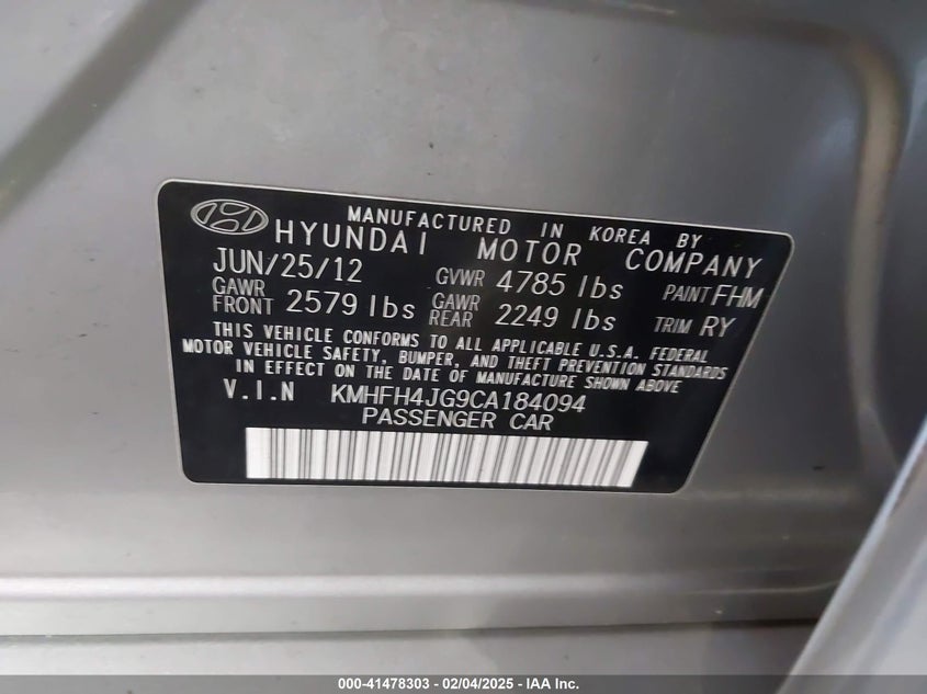 2012 HYUNDAI AZERA VIN: KMHFH4JG9CA184094