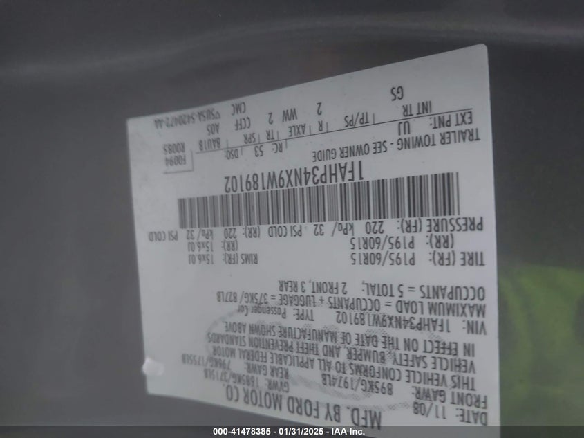 2009 FORD FOCUS VIN: 1FAHP34NX9W189102