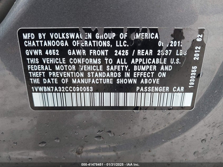 2012 VOLKSWAGEN PASSAT VIN: 1VWBN7A32CC090053