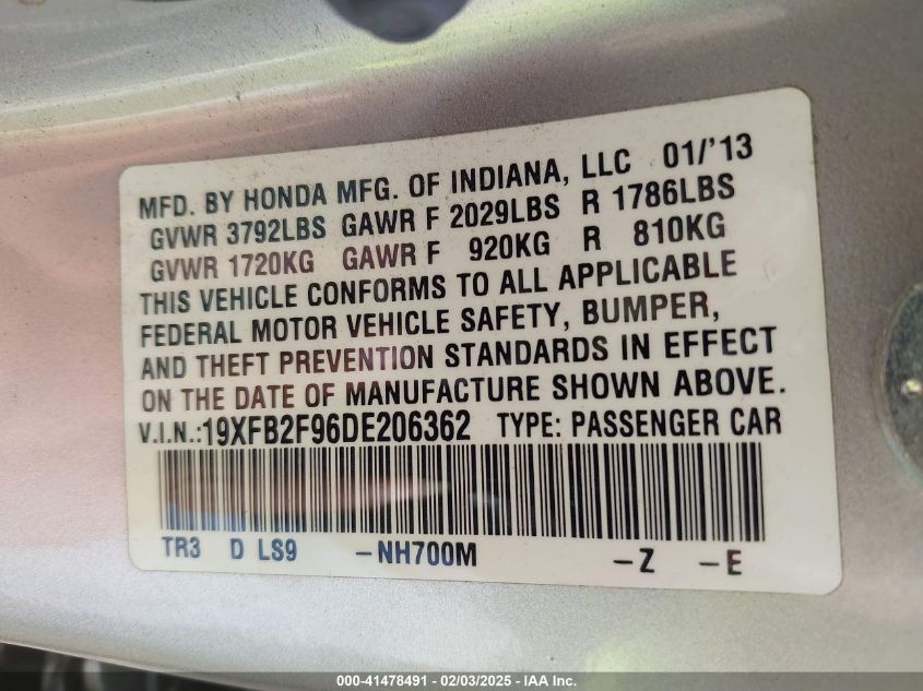 2013 Honda Civic Ex-L VIN: 19XFB2F96DE206362 Lot: 41478491