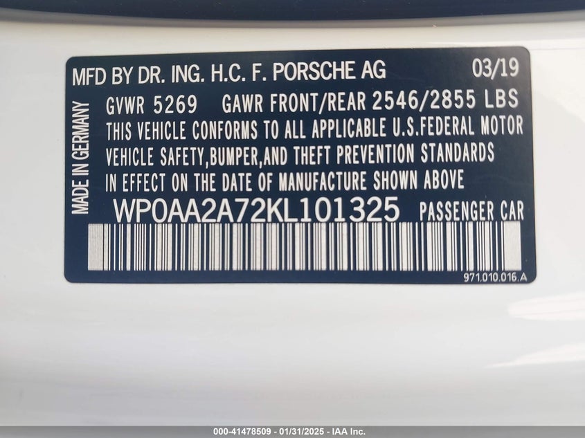 2019 PORSCHE PANAMERA VIN: WP0AA2A72KL101325