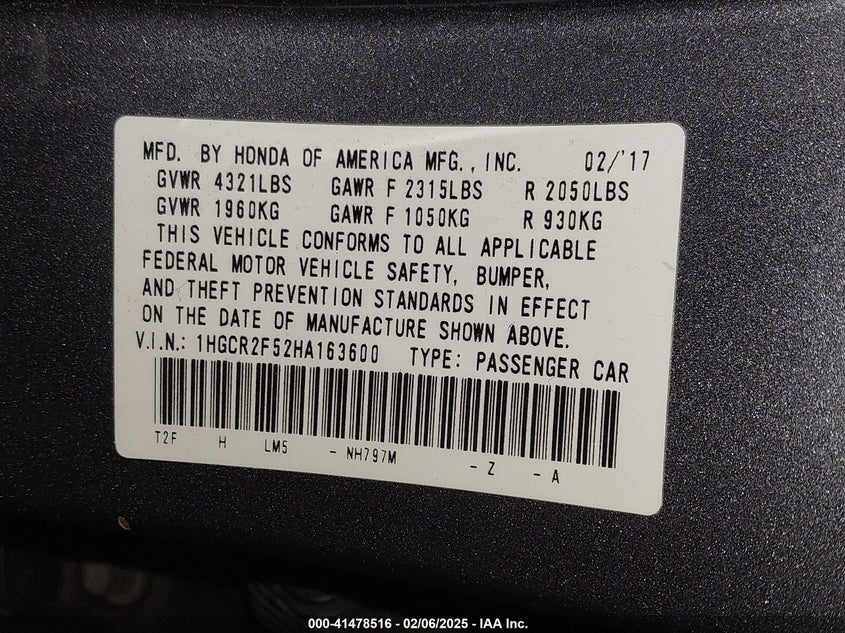 2017 HONDA ACCORD VIN: 1HGCR2F52HA163600