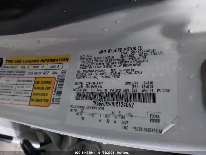 2017 FORD FUSION VIN: 3FA6P0K90HR124062