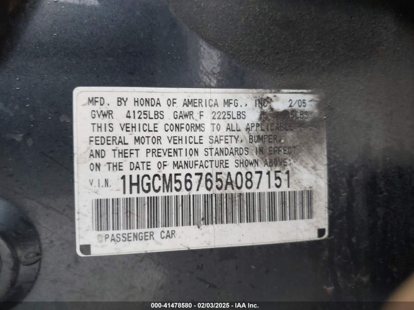 2005 Honda Accord VIN: IHGCM56765A087151 Lot: 41478580