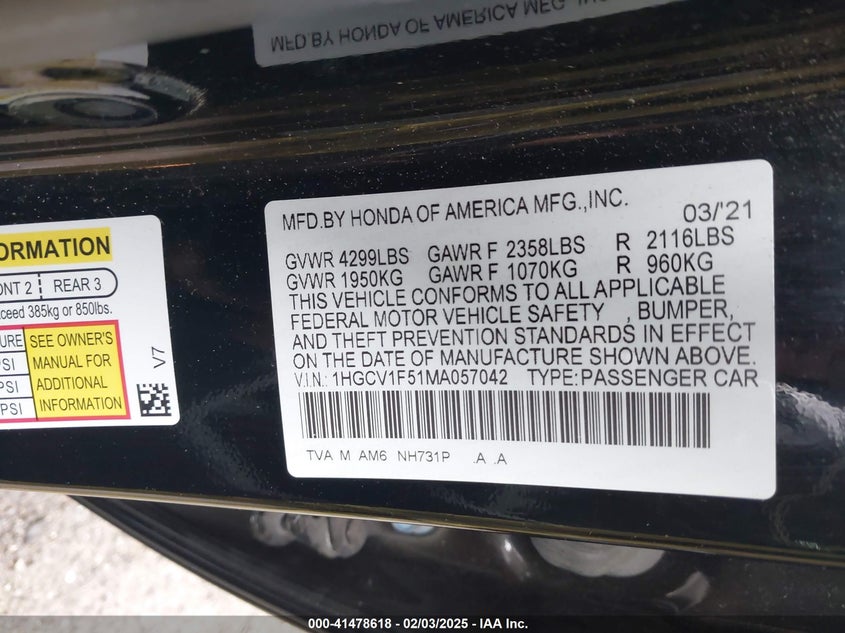 2021 HONDA ACCORD VIN: 1HGCV1F51MA057042