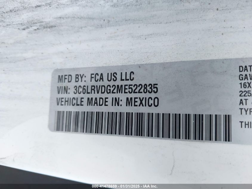 2021 Ram Promaster 2500 High Roof 159 Wb VIN: 3C6LRVDG2ME522835 Lot: 41478659