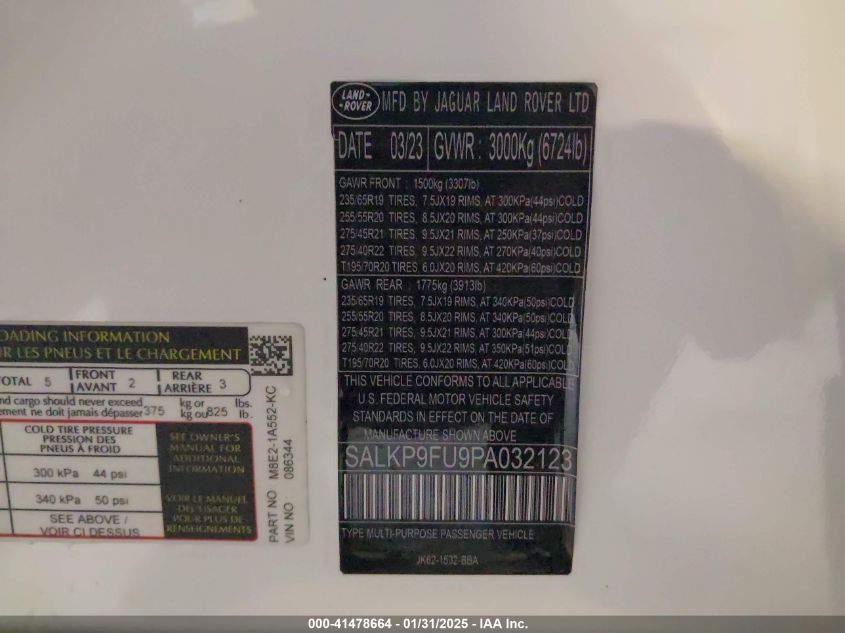 2023 Land Rover Range Rover P400 Se VIN: SALKP9FU9PA086344 Lot: 42924625