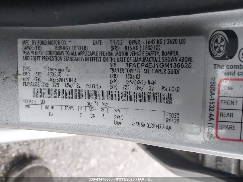 2016 FORD FIESTA VIN: 3FADP4EJ1GM136625