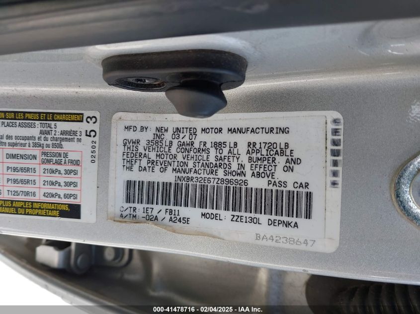 2007 Toyota Corolla Le VIN: 1NXBR32E67Z896926 Lot: 41478716