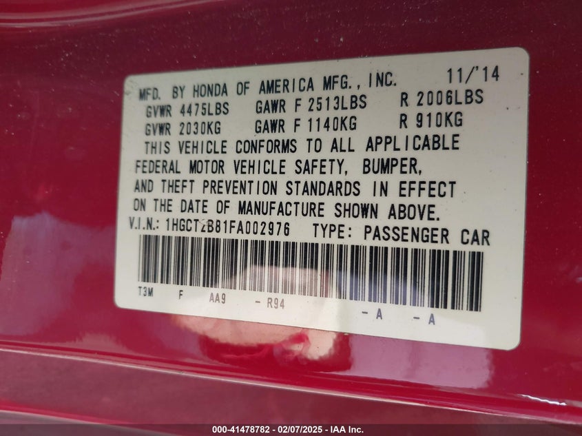 2015 HONDA ACCORD VIN: 1HGCT2B81FA002976