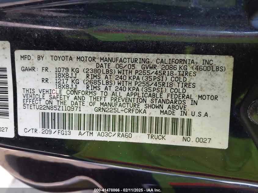 2005 Toyota Tacoma V6 VIN: 5TETU22N85Z110971 Lot: 41478866