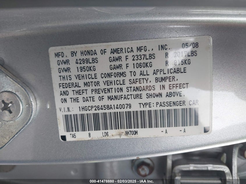 2008 HONDA ACCORD VIN: 1HGCP26458A140079