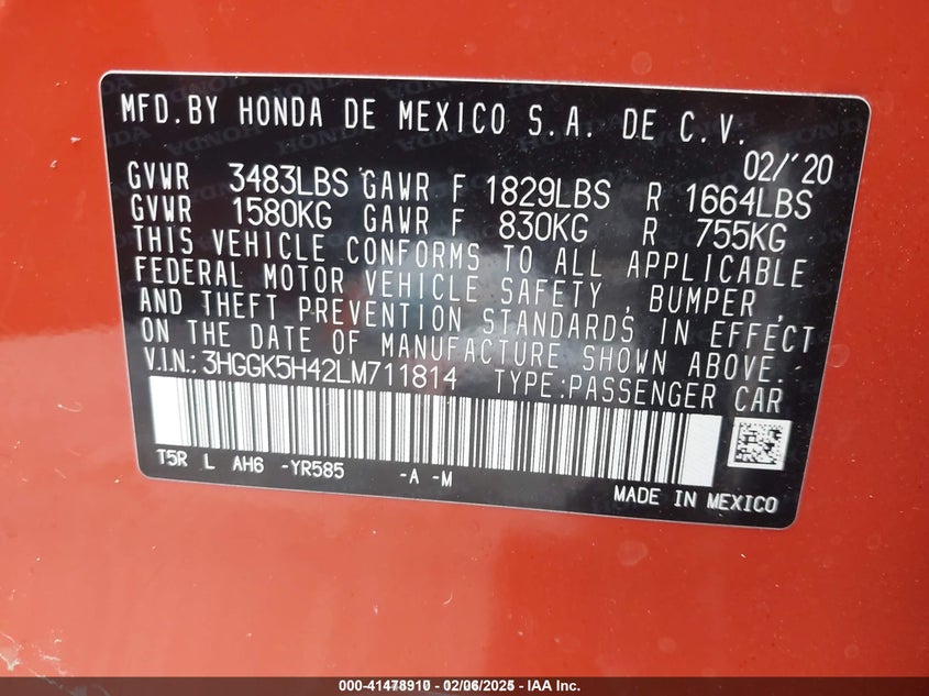 2020 HONDA FIT VIN: 3HGGK5H42LM711814