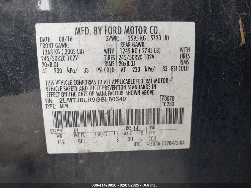 2016 Lincoln Mkx Reserve VIN: 2LMTJ8LR9GBL80340 Lot: 41479026