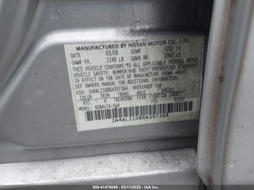 2006 NISSAN ALTIMA VIN: 1N4AL11D86N397364