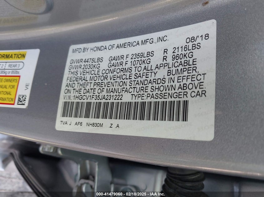 2018 HONDA ACCORD VIN: 1HGCV1F35JA231222