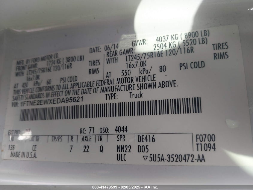 2014 FORD ECONOLINE VIN: 1FTNE2EWXEDA95621