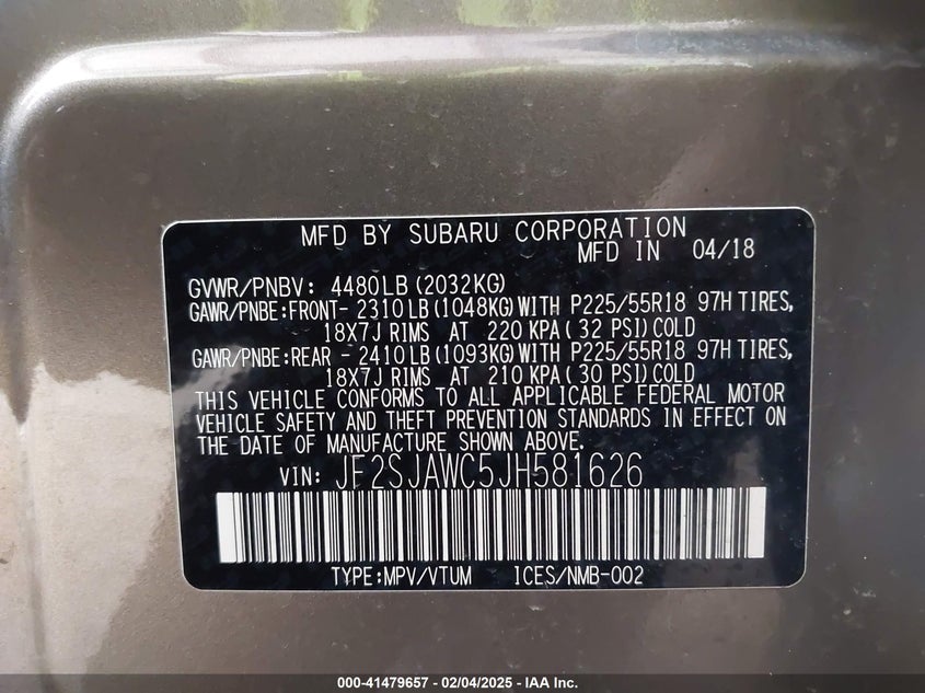 2018 SUBARU FORESTER VIN: JF2SJAWC5JH581626