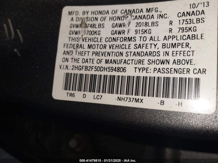 2013 Honda Civic Lx VIN: 2HGFB2F50DH594806 Lot: 41479815