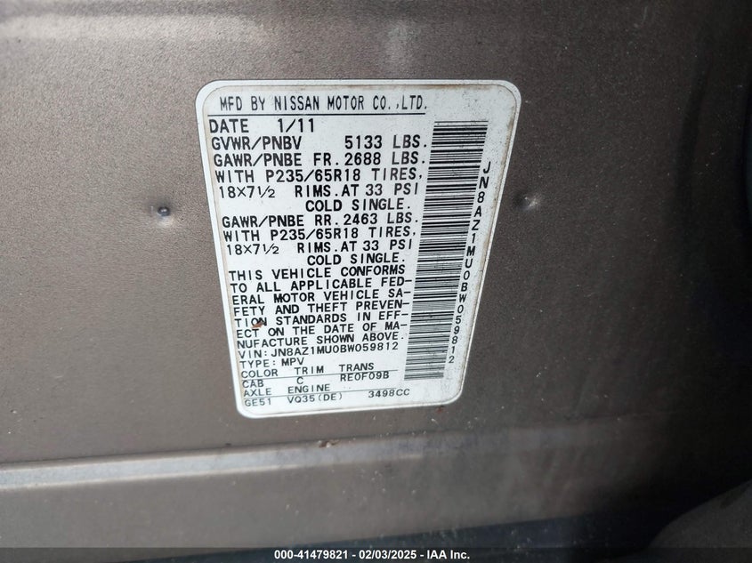 2011 Nissan Murano S/Sl/Le VIN: JN8AZ1MUOBWO5912 Lot: 41479821