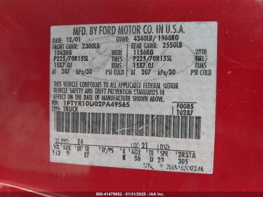 2002 Ford Ranger Edge/Xl/Xlt VIN: 1FTYR10U02PA49565 Lot: 41479852