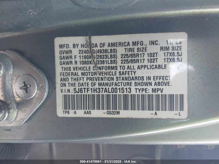 2010 HONDA ACCORD CROSSTOUR VIN: 5J6TF1H37AL001513