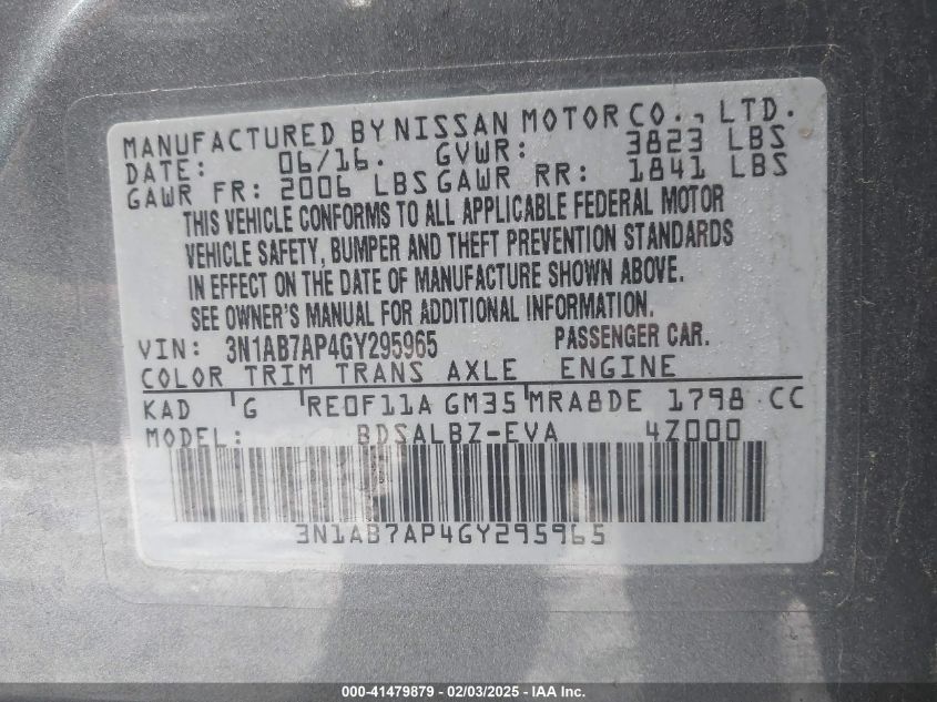 2016 Nissan Sentra Fe+ S/S/Sl/Sr/Sv VIN: 3N1AB7AP4GY295965 Lot: 41479879