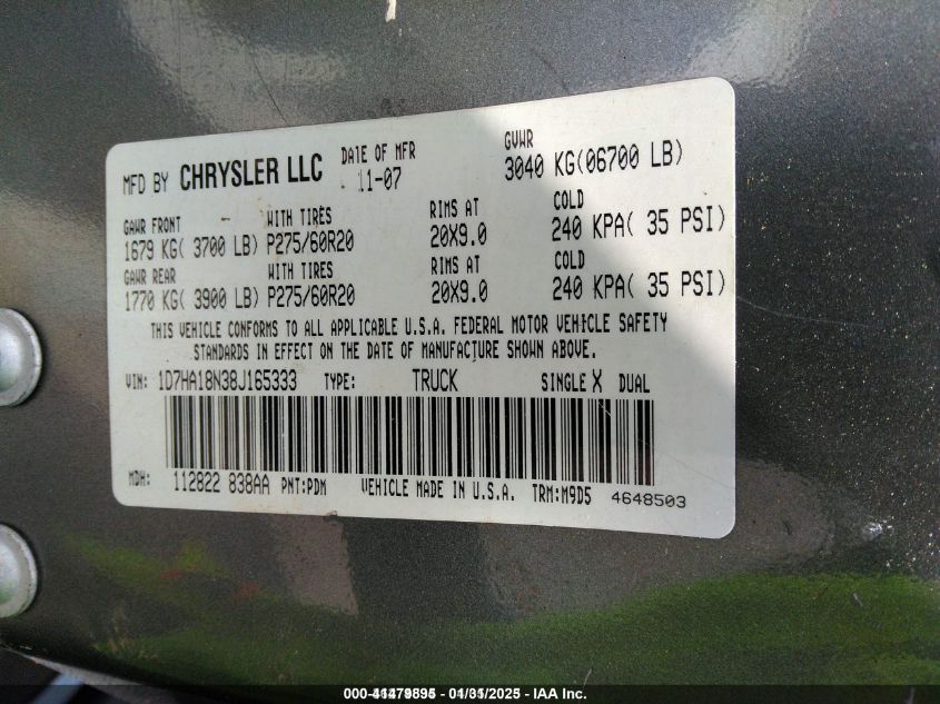 2008 Dodge Ram 1500 Slt VIN: 1D7HA18N38J165333 Lot: 41479895