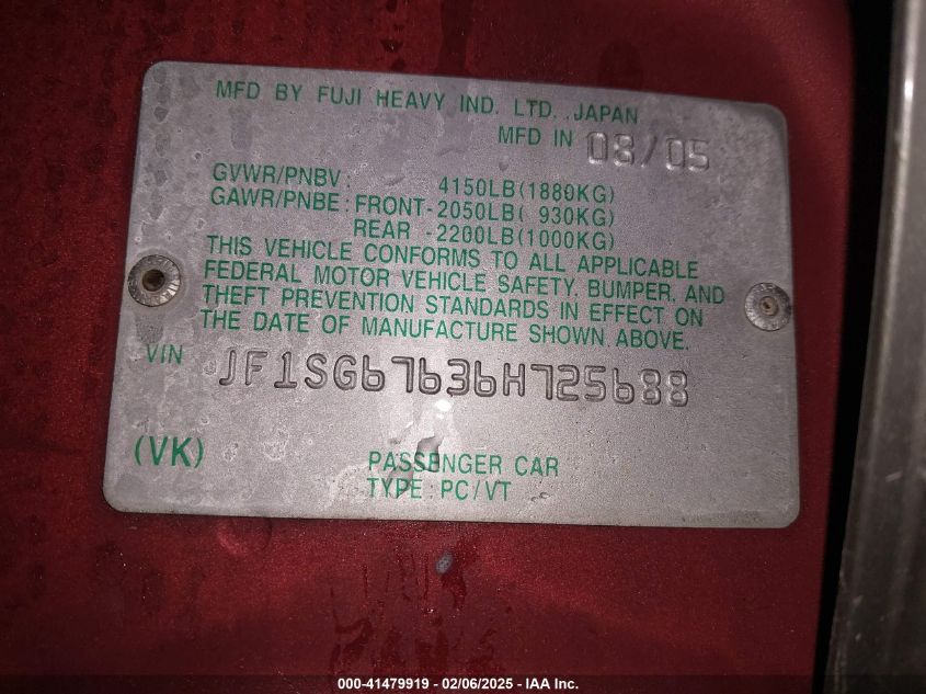 2006 Subaru Forester VIN: JF15G67636H725688 Lot: 41479919